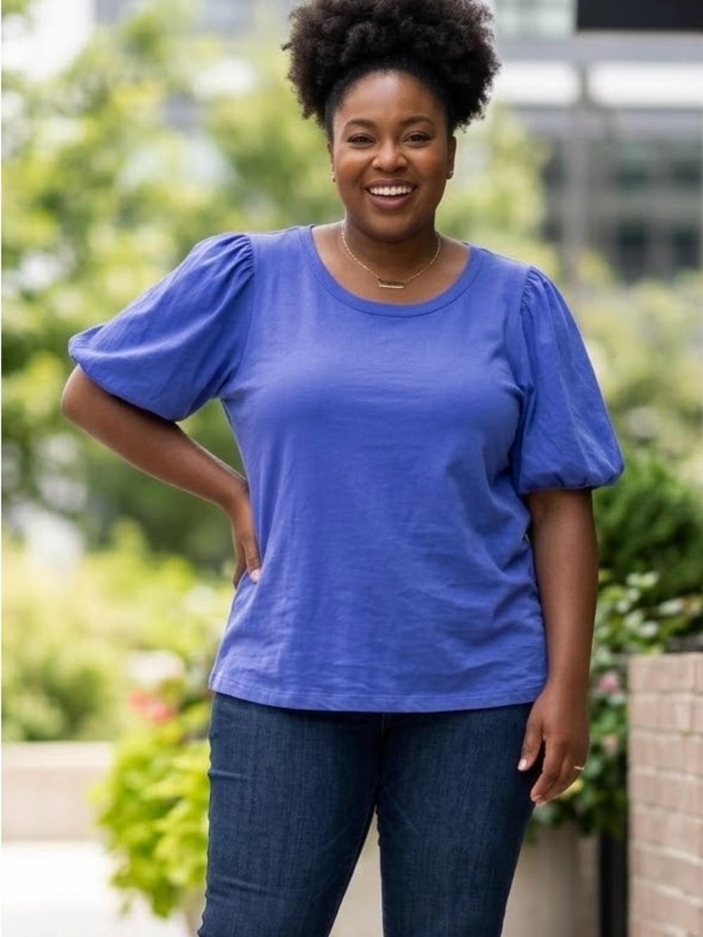 NWT T Tahari Woman Plus Size Royal Blue Puff-Sleeve Short Sleeve 100% Cotton Tee